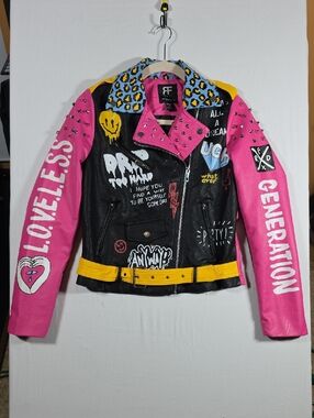 Red Fox "Loveless Generation" Studded Punk Faux Leather Moto Jacket  Size SMALL